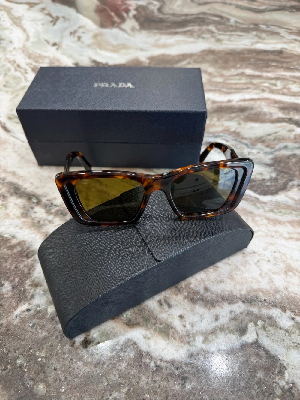 Prada Woman’s Tortoiseshell Rectangular Sunglasses with Brown Lenses